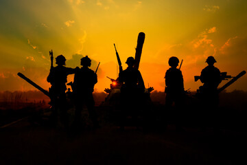Team special forces.Silhouette action soldiers hold weapons.military and danger concept.