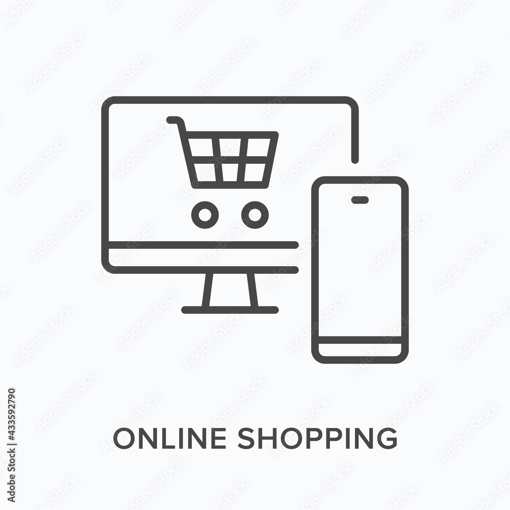 Wall mural online shop flat line icon. vector outline illustration of computer monitor and phone. black thin li