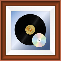 Obraz premium Vinyl and CD-disk in a frame. In memory of the good old days. Nostalgia. Vector illustration.