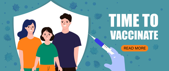 People and family vaccination concept for immunity health. Time to vaccinate banner. Patients are waiting in line. process of immunization against covid-19. Healthcare, coronavirus, flu or influenza.
