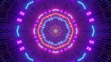 3D rendering of futuristic kaleidoscopic patterns in neon blue and purple vibrant colors © Tunnelmotions/Wirestock