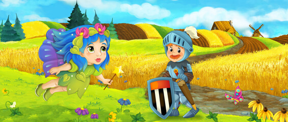 Obraz na płótnie Canvas Cartoon king knight fairy queen near farm ranch