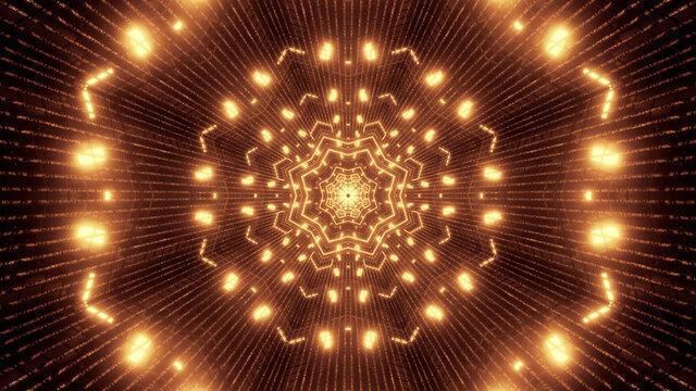 3D rendering of futuristic kaleidoscopic patterns in neon gold and brown vibrant colors