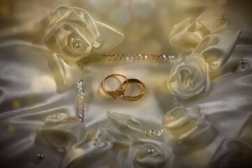 Handmade wedding rings on a white background. Golden shades