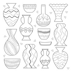 Hand drawn coloring page for kids and adults. Clay art and pottery. Beautiful drawing with patterns and small details. Coloring book vintage pictures. Vector