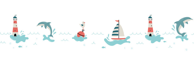 Cute hand drawn marine seamless pattern, lovely creatures, lighthouse, ship and decoration, background, great for children's textiles, banners, wallpapers, wrapping, swimsuits - vector design