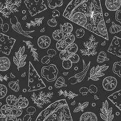 Pizza ingredients background. Linear graphic. Tomato, garlic, basil, olive, pepper, mushroom, leaf.