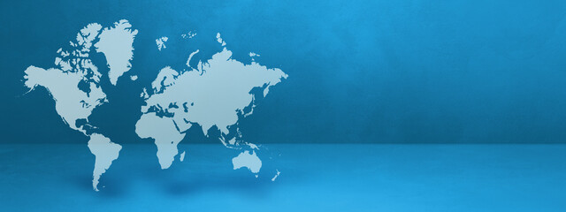 World map on blue wall background. 3D illustration. Horizontal banner