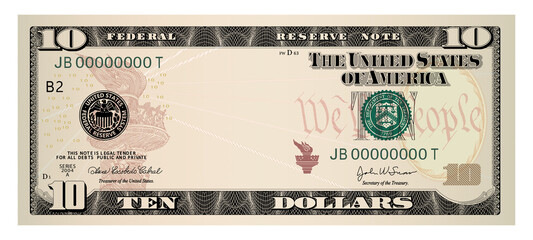US Dollars 10 banknote -American dollar bill cash money isolated on white background. - obrazy, fototapety, plakaty