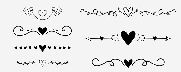 Handwritten love doodle. Decorative romantic dividers. Hand drawn romantic doodles with heart shape and arrows. Wedding decoration in drawing style - obrazy, fototapety, plakaty