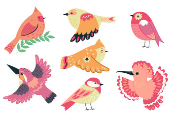 Collection of cute birds isolated on white background. Vector graphics.