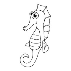 Colorless cartoon Sea Horse. Coloring page. Template page for coloring book of funny sea fish for kids. Aquatic creature. Practice worksheet or antistress page for child. Cute outline education game.
