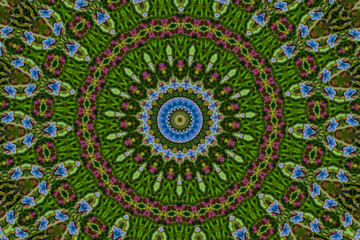Kaleidoscope green abstract pattern background of blue butterflies, stock photo image