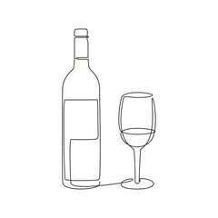 Wine bottle and glass line vector. Continuous black one line drawing. Vector illustration