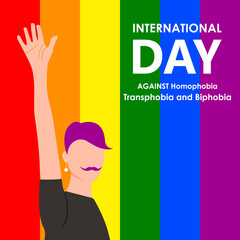 Stop Homophobia. LGBT man raised his hand in protest. May 17 - The International Day Against Homophobia, Transphobia and Biphobia. Vector illustration in flat style. Eps 10.