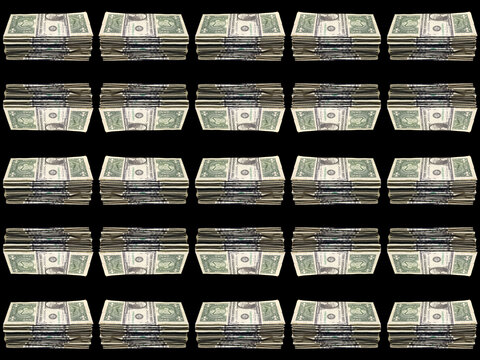 USA American one dollar bill bank notes cut out and isolated on a black background