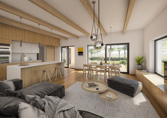 Interior of house apartment with open roof stucture. Comfortable living room with open space, 3D...