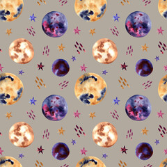 Obraz na płótnie Canvas Seamless pattern with watercolor illustrations of stars and planets. For textile, fabric, prints. 