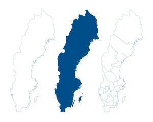 Sweden map vector. High detailed vector outline, blue silhouette and administrative divisions map of Sweden. All isolated on white background. Template for website, design, cover, infographics