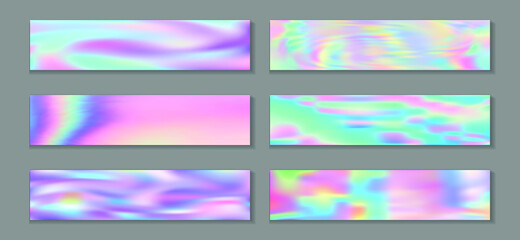 Hologram blurred banner horizontal fluid gradient princess backgrounds vector set. Romantic holographic texture gradients. Fluid graphic design abstract princess backgrounds.