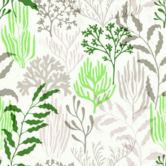 Coral reef seamless pattern. Kelp laminaria seaweed algae background. Australian staghorn and pillar corals branches. Underwater plants textile print vector design. Exotic marine life pattern.