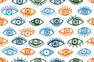 Doodle human eyes stylish seamless ornament. Pop art graphic style illustration. Mascara wrapping print design. Isolated eyes on white background modern endless pattern.