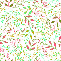 Spring leaf stem pattern seamless vector. Stylish berries and foliage wallpaper. Batik fashion print. Decorative grass leaf stem pattern illustration. Garden wallpaper.