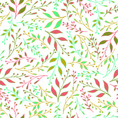 Obraz premium Spring leaf stem pattern seamless vector. Stylish berries and foliage wallpaper. Batik fashion print. Decorative grass leaf stem pattern illustration. Garden wallpaper.