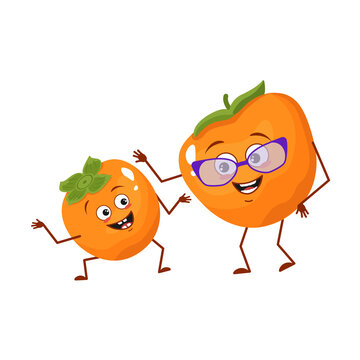 Cute persimmon characters with emotions, face. Funny grandmother with glasses and dancing grandson with arms and legs. The happy hero, fruit with eyes
