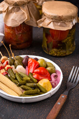 Assortment of marinated or pickled vegetable.