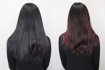 Rear view of dark hair with pink dye. Soft focus