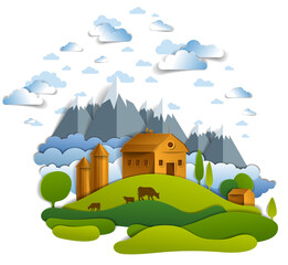Fototapeta premium Farm in scenic landscape of fields and trees, mountains peaks and country buildings, clouds in sky, cow milk ranch, countryside lazy summer time vector illustration in paper cut style.