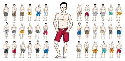 Men in beach shorts vector illustrations big set isolated on white background, attractive and handsome males in full length standing and posing with perfect athletic body, gorgeous people.