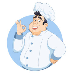 Cheerful chef shows ok hand gesture. Cartoon character for logo and design.