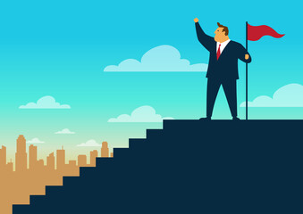 Successful businessman holding flag on the top of highest stair. Business concept growth and the path to success, Flat design vector illustration