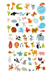 Big set of animals. cow, dog, alligator, bear, panda, penguin, octopus, koala, cartoon characters, zebra, animal logo, camel, fox, pig, deer, monkey, rabbit, woolf, giraffe, whale, palm