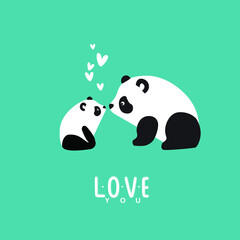 Naklejka premium illustration with panda: a mother and child. And the inscription 