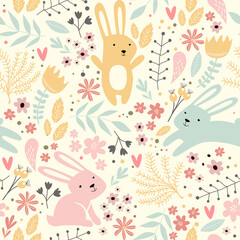 Seamless spring pattern with rabbits and plants. Easter pattern. cartoon bunnies
- 433600514