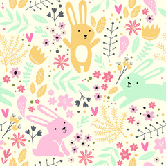 Seamless spring pattern with rabbits and plants. Easter pattern. cartoon bunnies
