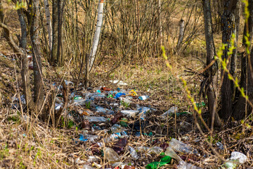 (environmental concept) Household garbage in the autumn forest, pollution of the environment and nature. Garbage - plastic waste, garbage in nature in the forest.