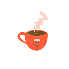 Red mug with an original design with hot coffee inside and steam from the mug 