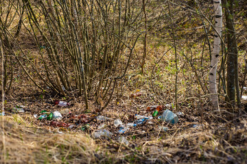(environmental concept) Household garbage in the autumn forest, pollution of the environment and nature. Garbage - plastic waste, garbage in nature in the forest.