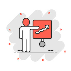 People with growth arrow icon in comic style. Work strategy cartoon vector illustration on white isolated background. Office training splash effect business concept.