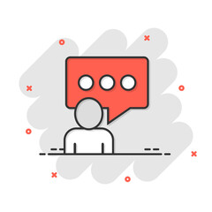 People with speech bubble icon in comic style. Chat cartoon vector illustration on white isolated background. Speaker dialog splash effect business concept.