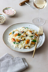 Risotto with mussels and spinach. Healthy food. Vegetarian food.
