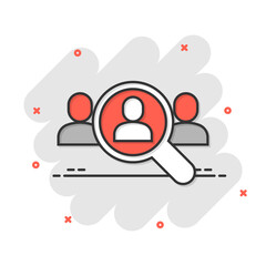 Search job vacancy icon in comic style. Loupe career cartoon vector illustration on white isolated background. Find people employer splash effect business concept.
