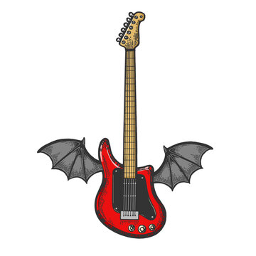 Electric guitar with wings sketch engraving raster