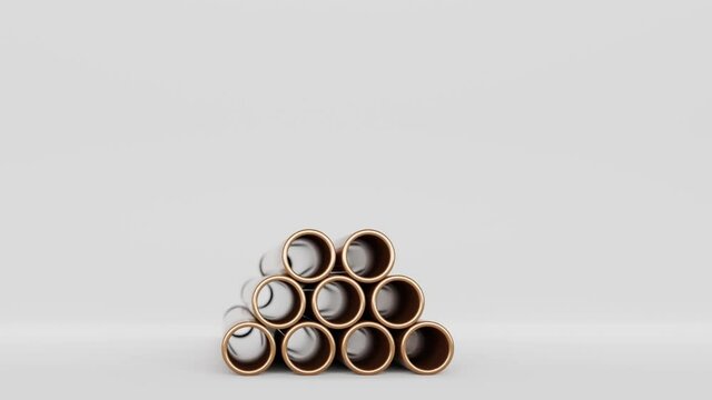 Copper pipes stack isolated on white background, hollow cylinder steel metal or pvc plumbing, glossy bronze tube set 3d animation. Industrial pieces, iron for conducting factory or construction works
