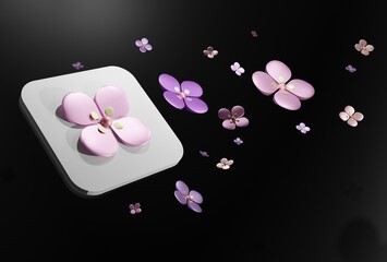 3D pink floral icon on black background with purple and pink flowers