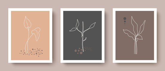Botanical wall art vector set. Earth tone boho foliage line art drawing with abstract shape. Abstract Plant Art design for print, cover, wallpaper, Minimal and natural wall art